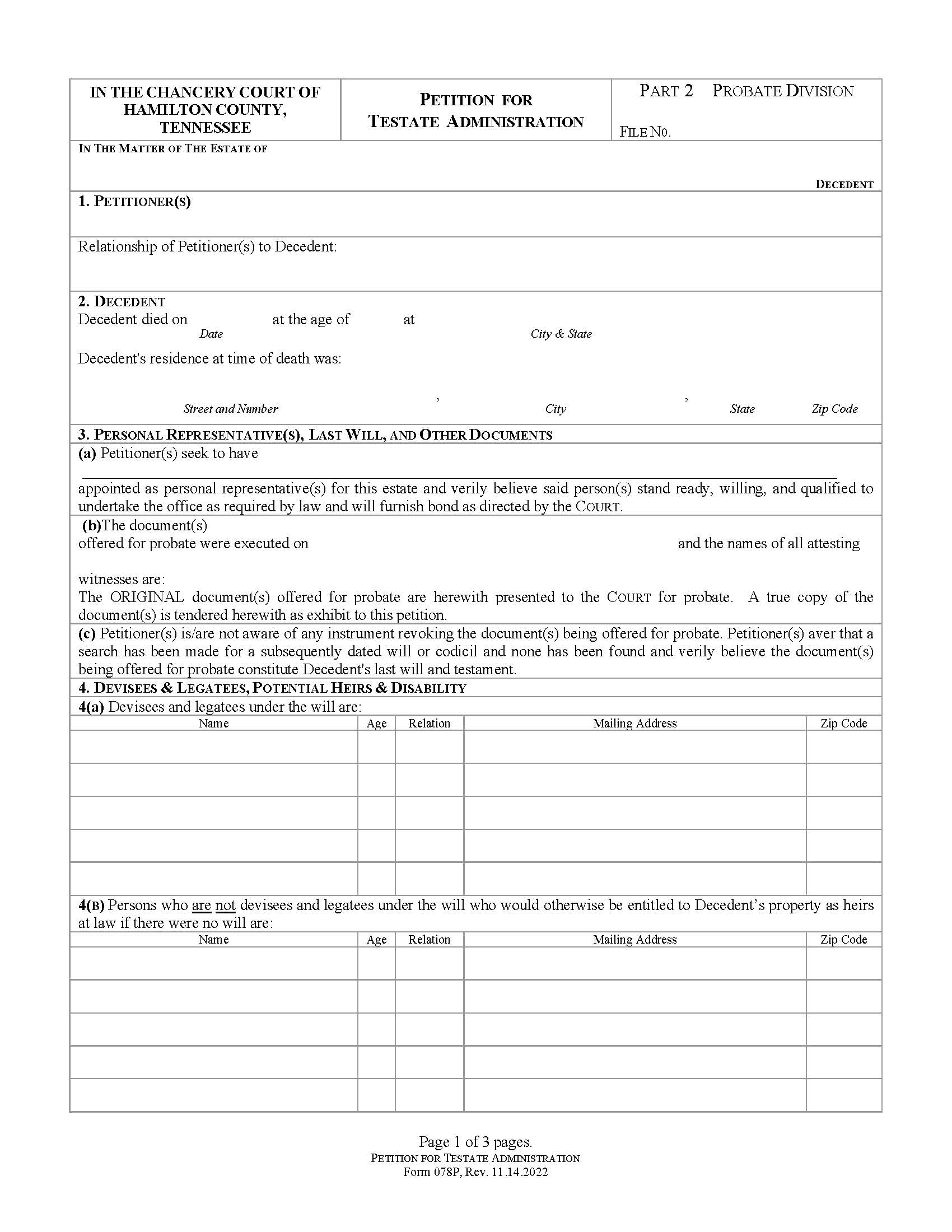 Petition For Testate Administration {078P} | Pdf Fpdf Docx | Tennessee