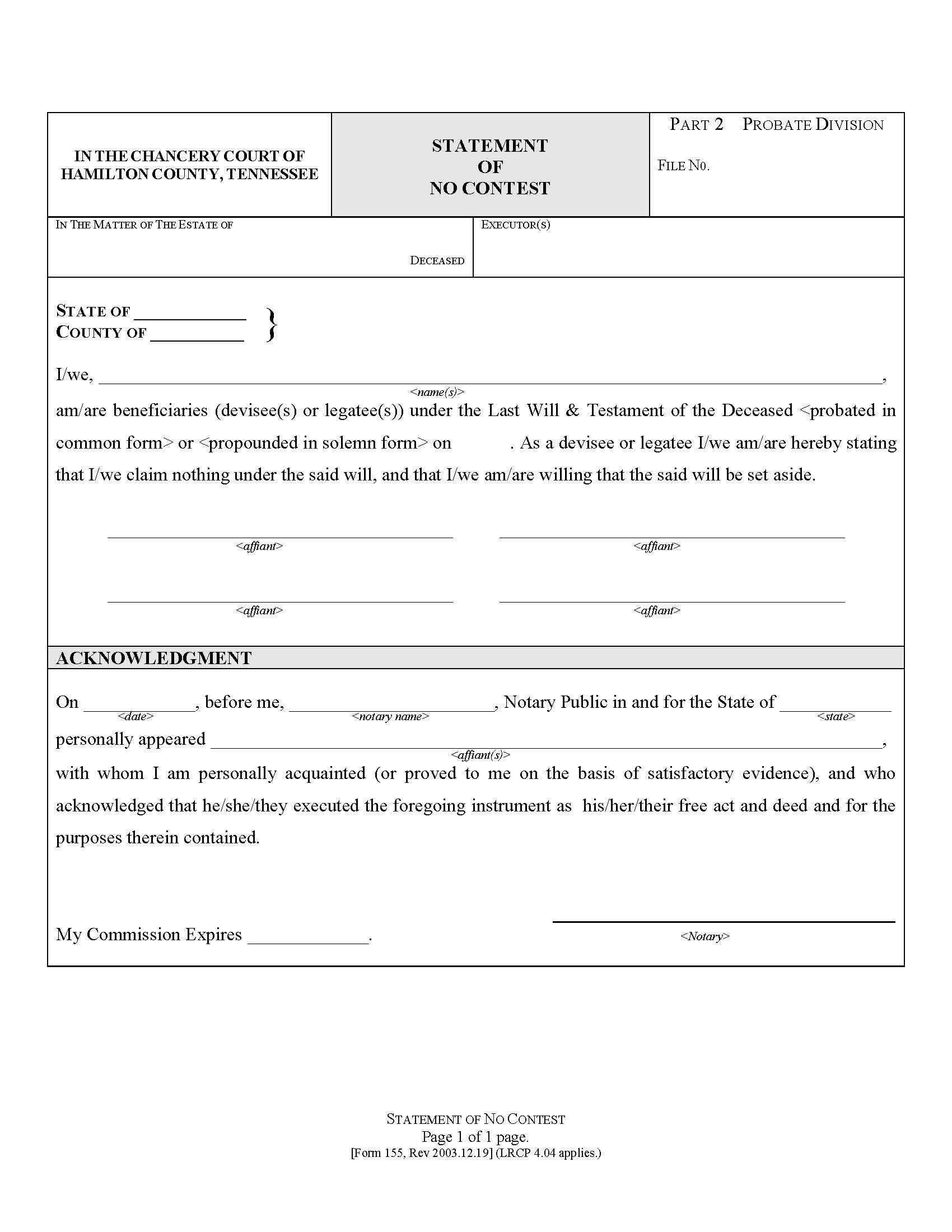 Statement Of No Contest {155} | Pdf Fpdf Doc Docx | Tennessee