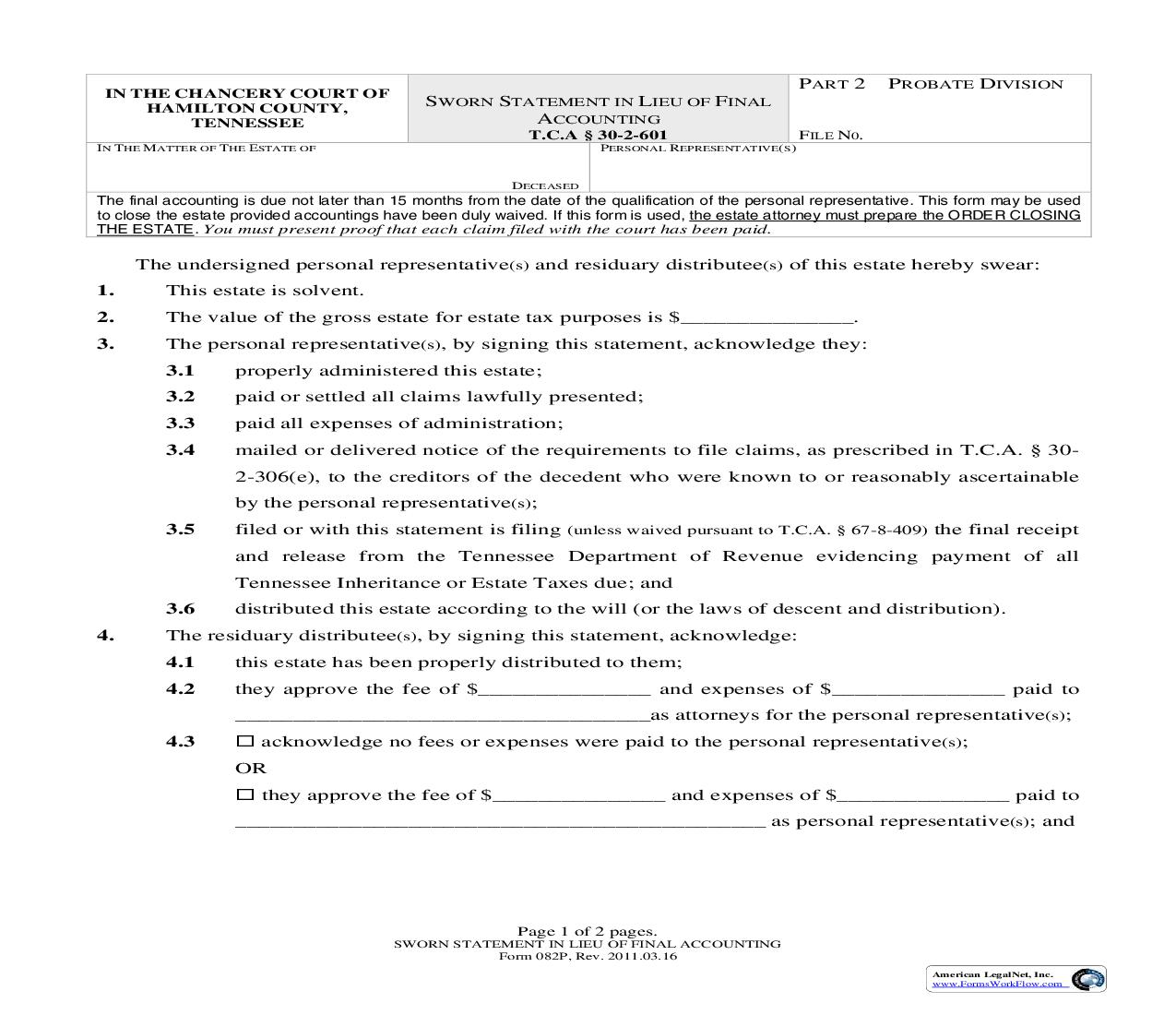 Sworn Statement In Lieu Of Final Accounting {082} | Pdf Fpdf Doc Docx | Tennessee