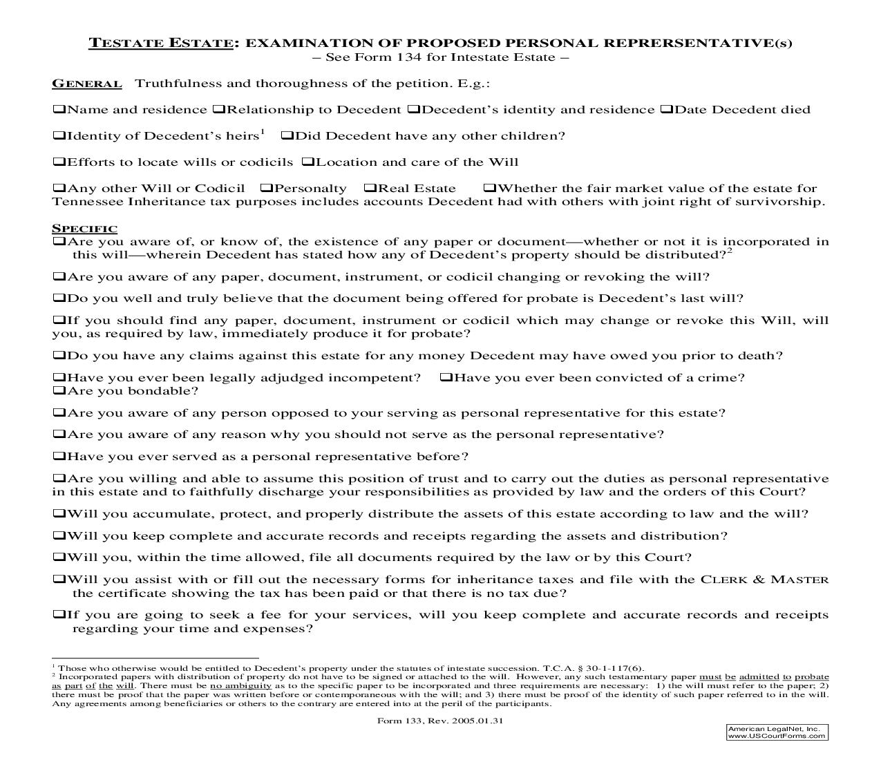Testate Estate - Examination Of Proposed Personal Representative(s) {133} | Pdf Fpdf Doc Docx | Tennessee