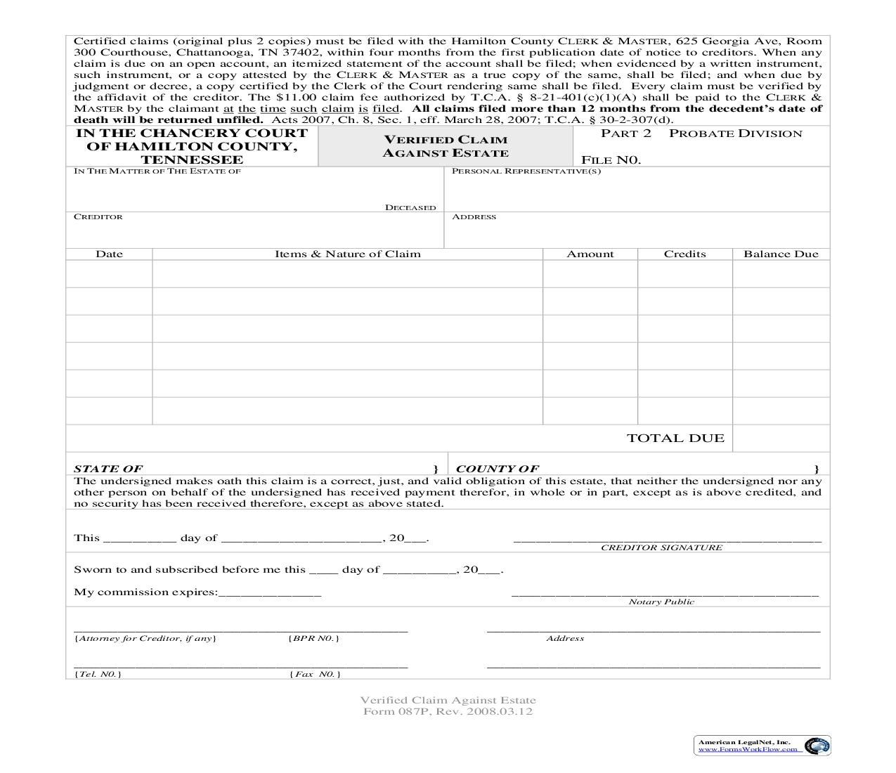 Verified Claim Against Estate {087} | Pdf Fpdf Doc Docx | Tennessee
