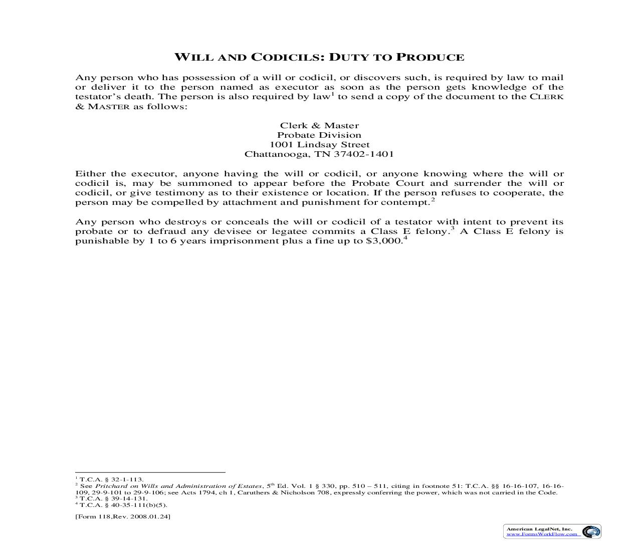 Wills And Codicils - Duty To Produce {118} | Pdf Fpdf Doc Docx | Tennessee