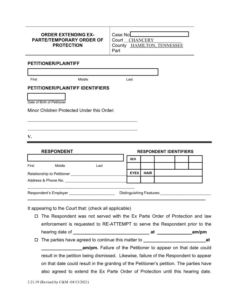 Order Extending Ex Parte Order Of Protection {283E} | Pdf Fpdf Docx | Tennessee