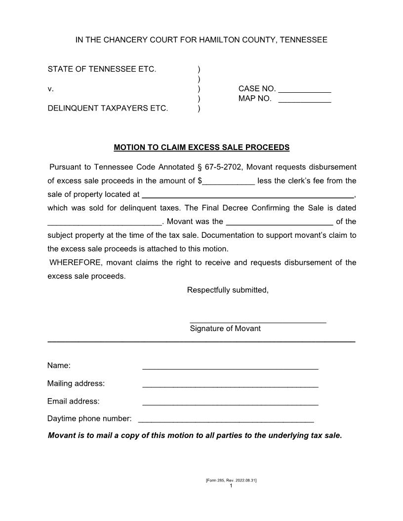 Motion To Claim Excess Sale Proceeds {285T} | Pdf Fpdf Docx | Tennessee