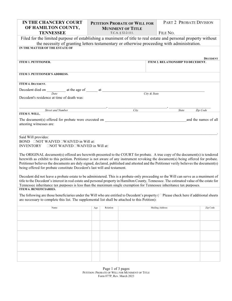 Petition For Probate Of Will For Muniment Of Title {77P} | Pdf Fpdf Docx | Tennessee