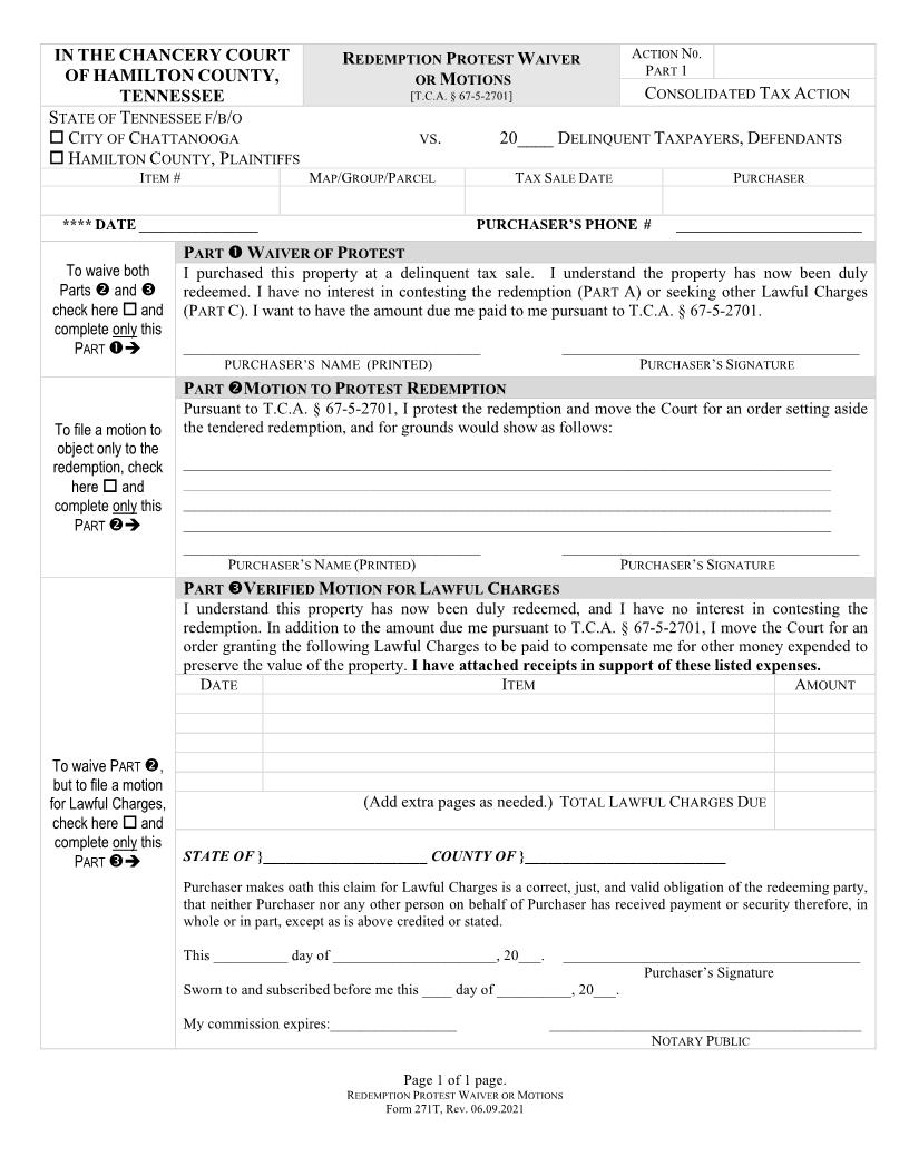 Redemption Protest Waiver Or Motions {271T} | Pdf Fpdf Docx | Tennessee