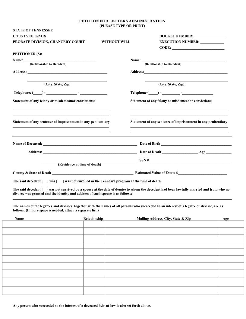 Petition For Letters Of Administration | Pdf Fpdf Docx | Tennessee