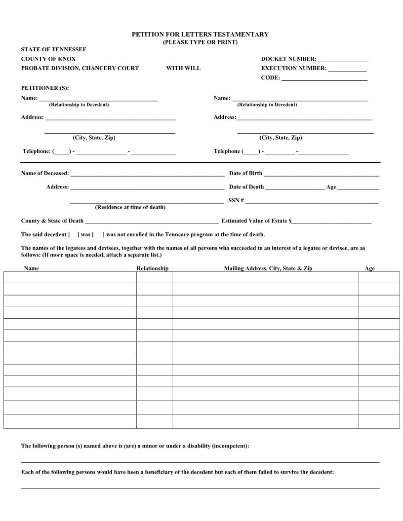 Petition For Letters Testamentary | Pdf Fpdf Docx | Tennessee