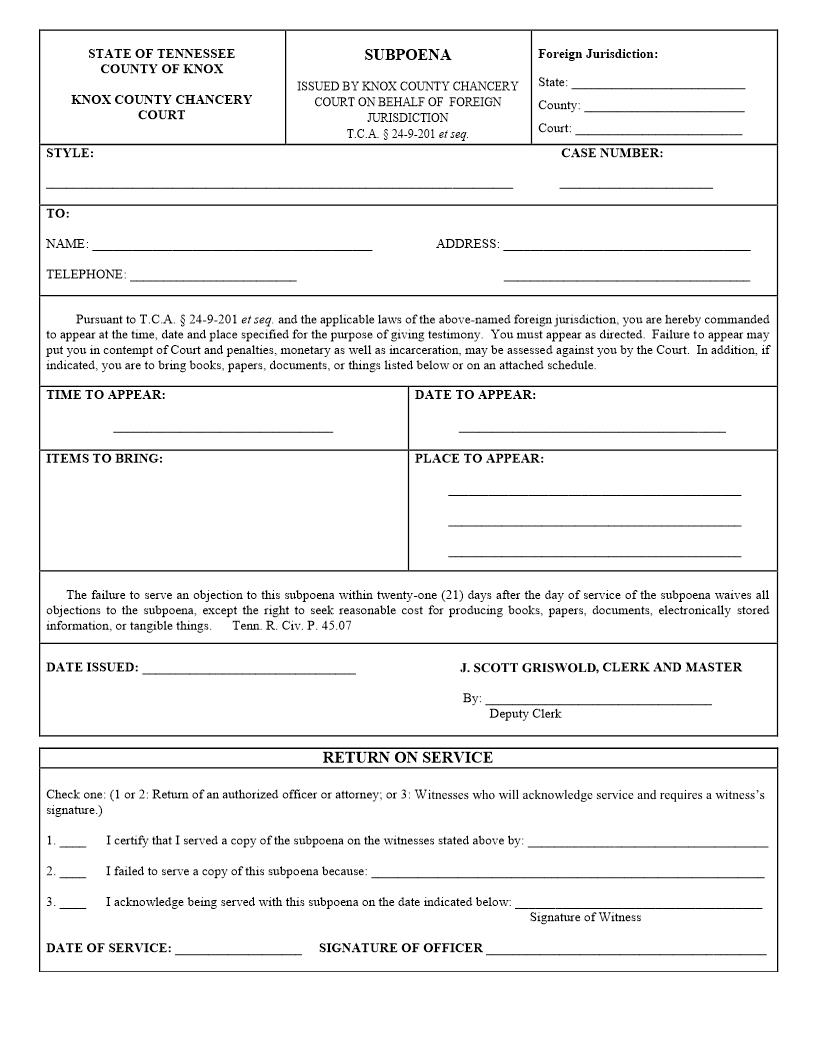 Subpoena From Foreign Jurisdiction | Pdf Fpdf Docx | Tennessee
