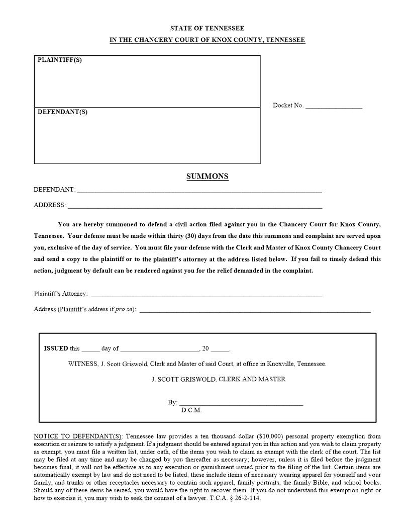 Summons | Pdf Fpdf Docx | Tennessee