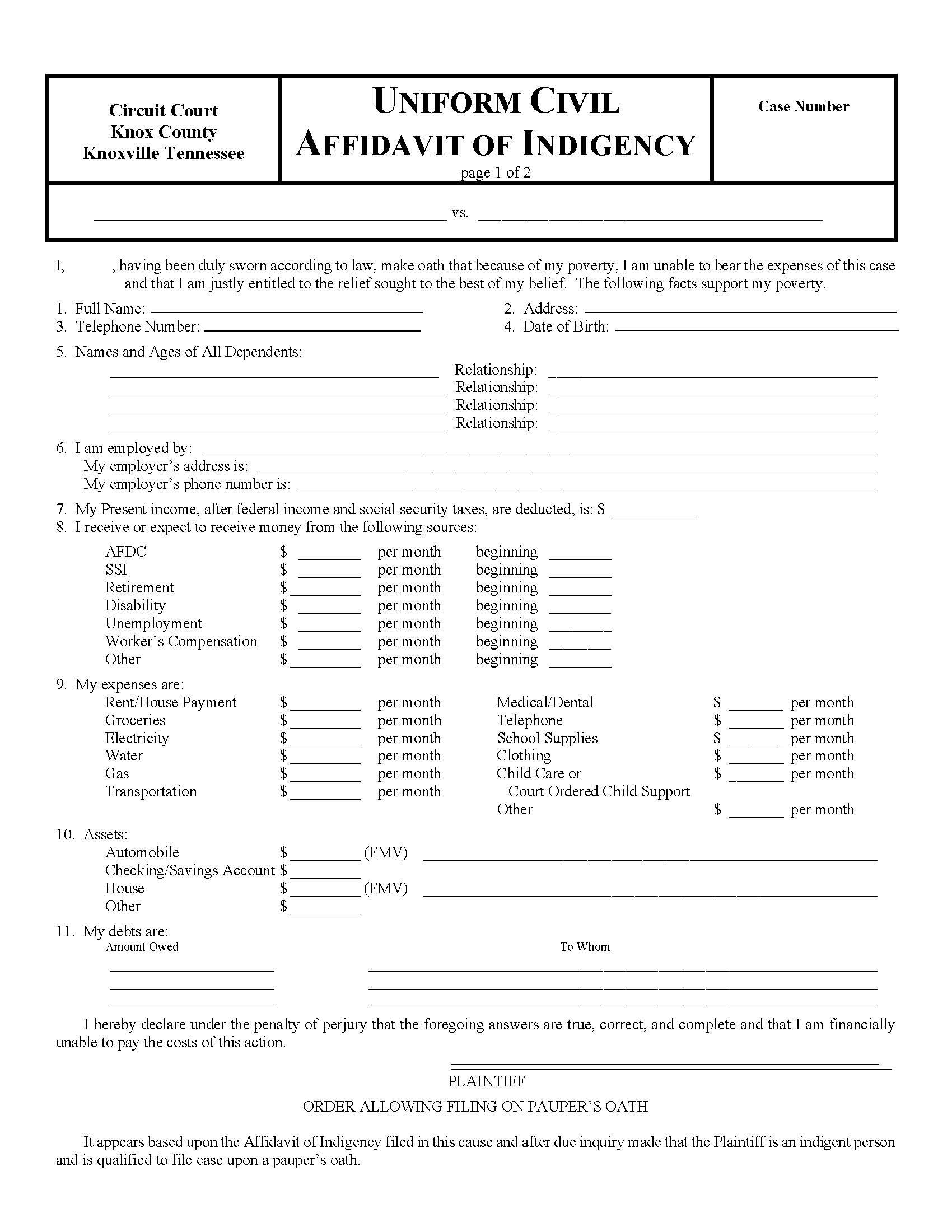 Affidavit Of Indigency | Pdf Fpdf Docx | Tennessee