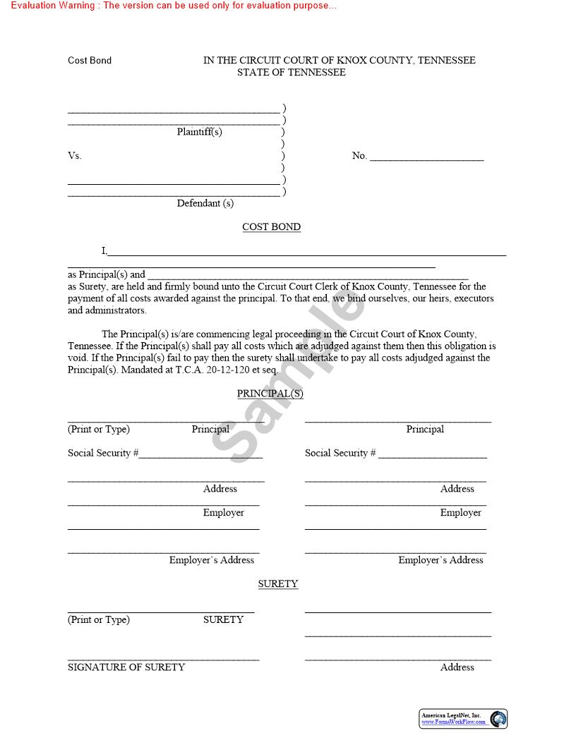 Cost Bond | Pdf Fpdf Doc Docx | Tennessee