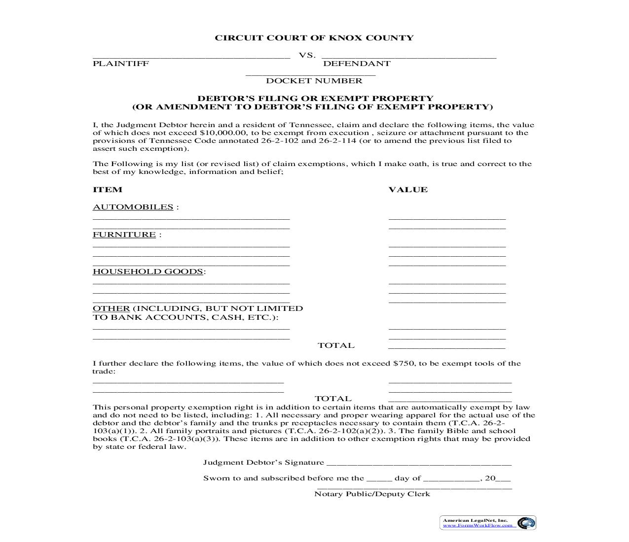 Debtor Exempt Property | Pdf Fpdf Doc Docx | Tennessee