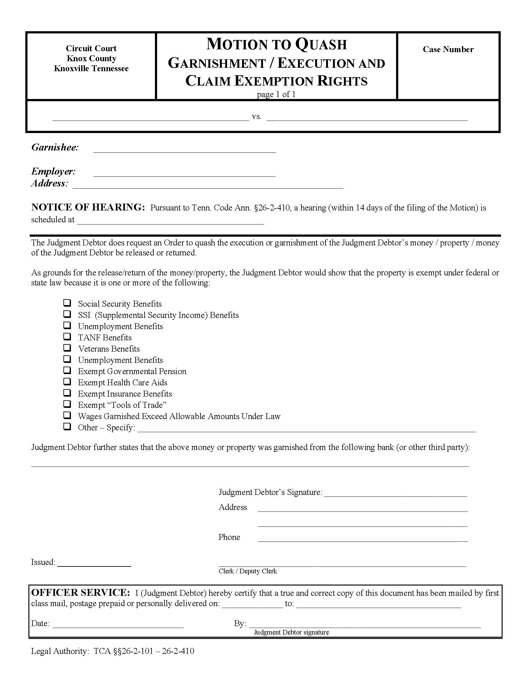 Motion To Quash Garnishment | Pdf Fpdf Doc Docx | Tennessee