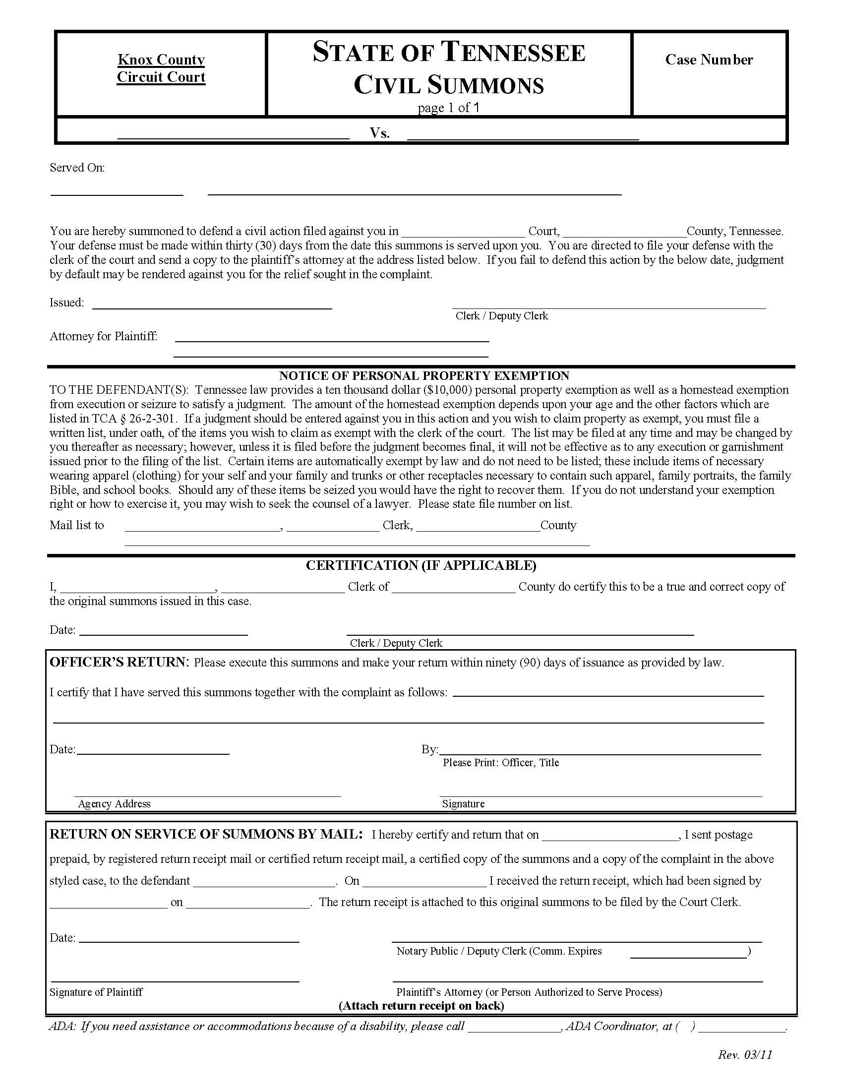Summons | Pdf Fpdf Docx | Tennessee