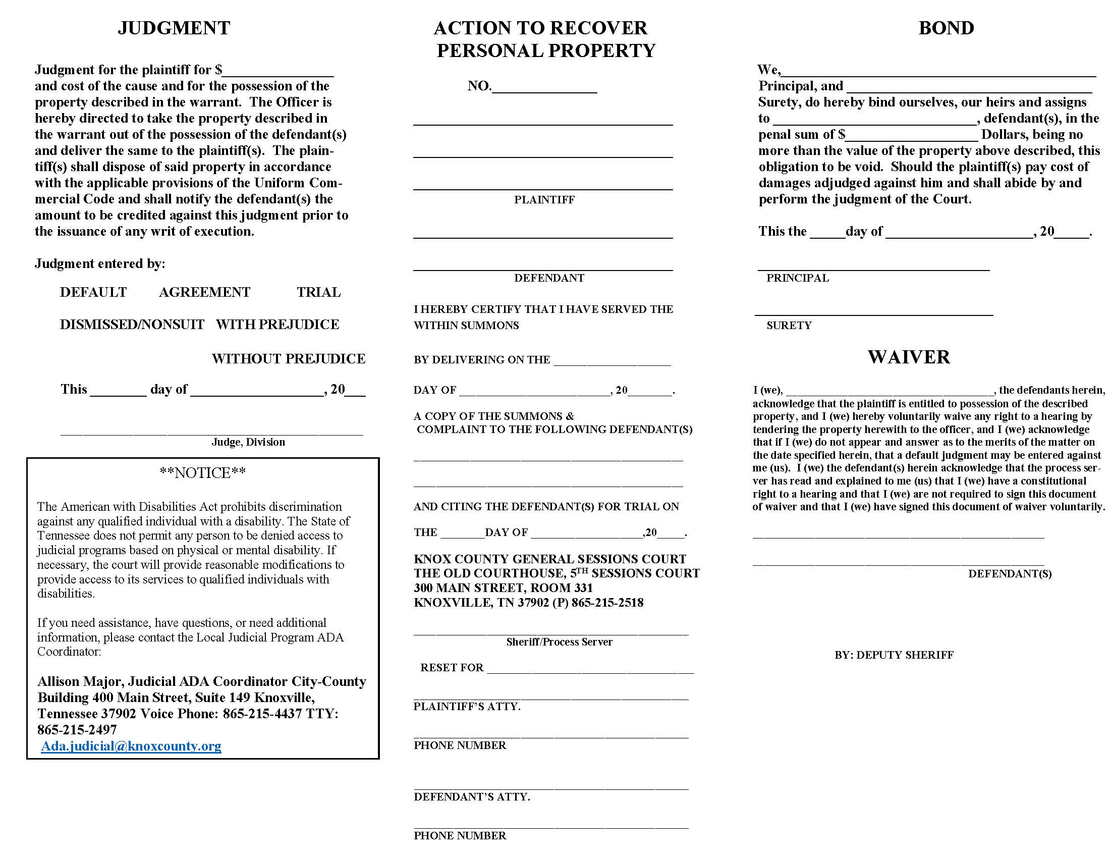 Action To Recover Personal Property | Pdf Fpdf Docx | Tennessee