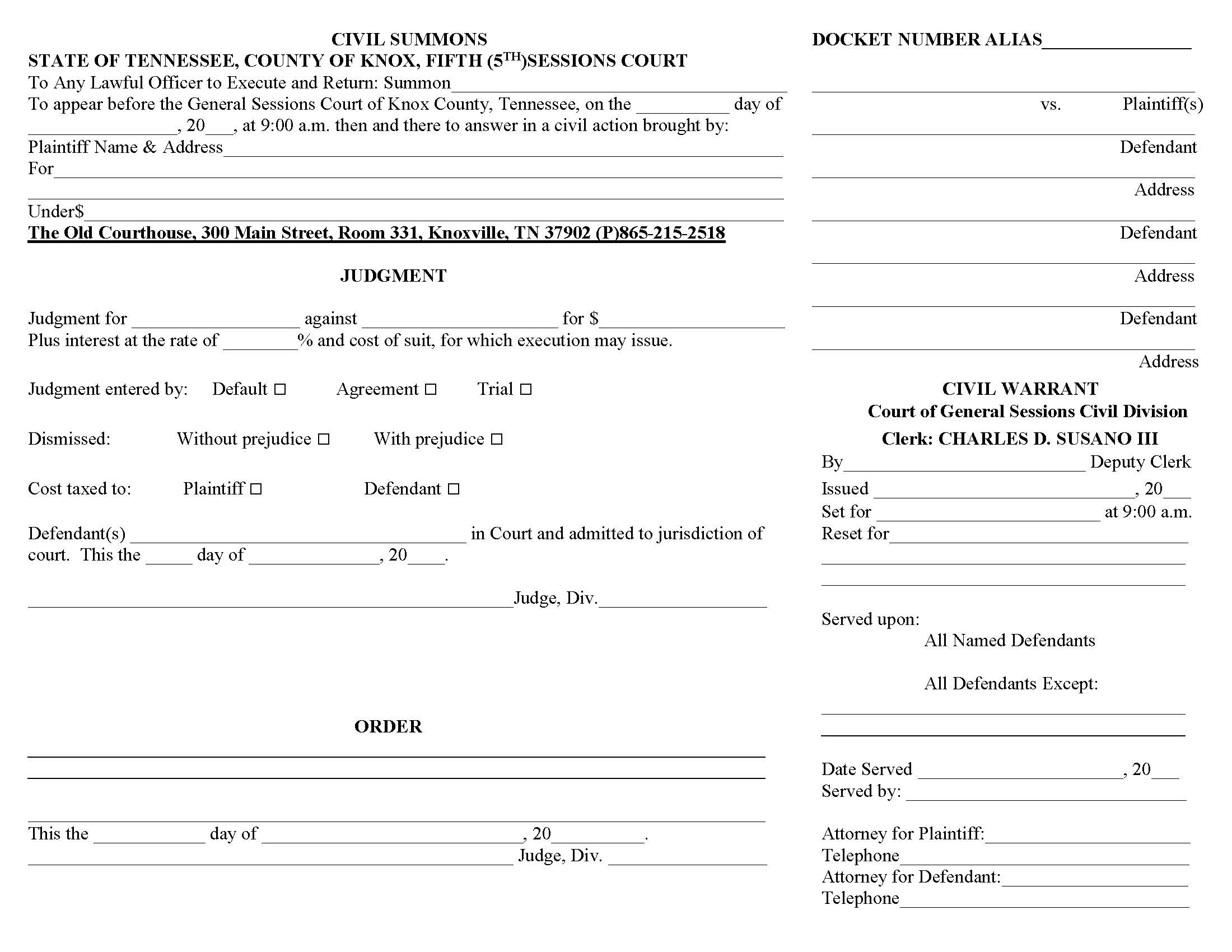 Alias Civil Summons | Pdf Fpdf Docx | Tennessee