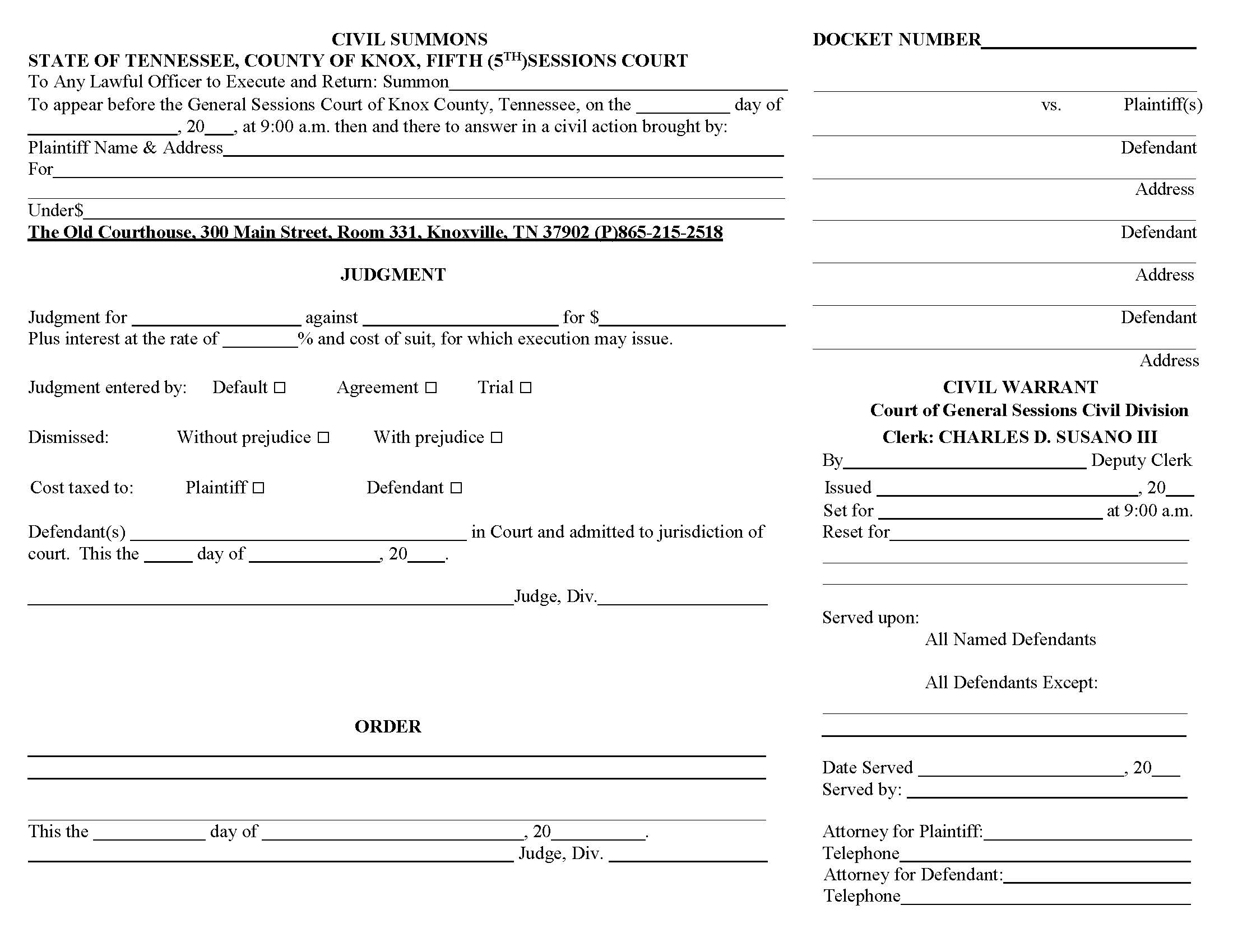 Civil Summons | Pdf Fpdf Doc Docx | Tennessee