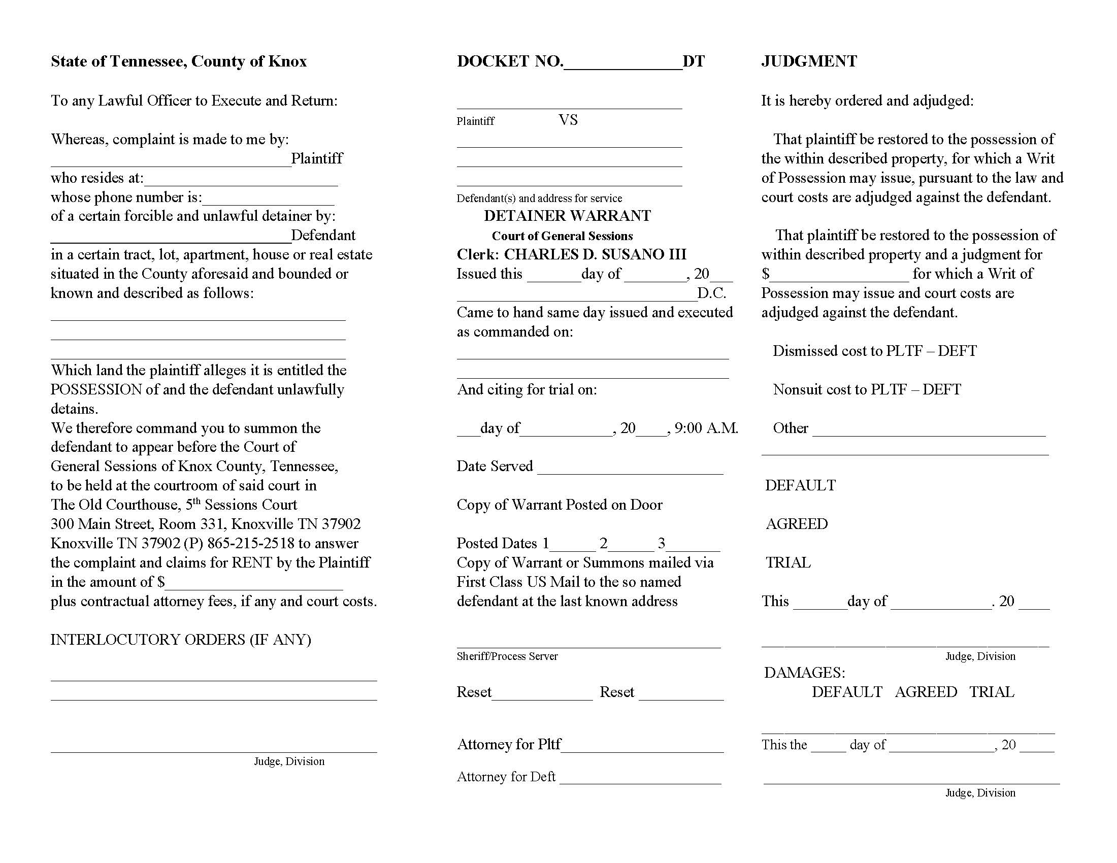 Detainer Warrant | Pdf Fpdf Docx | Tennessee