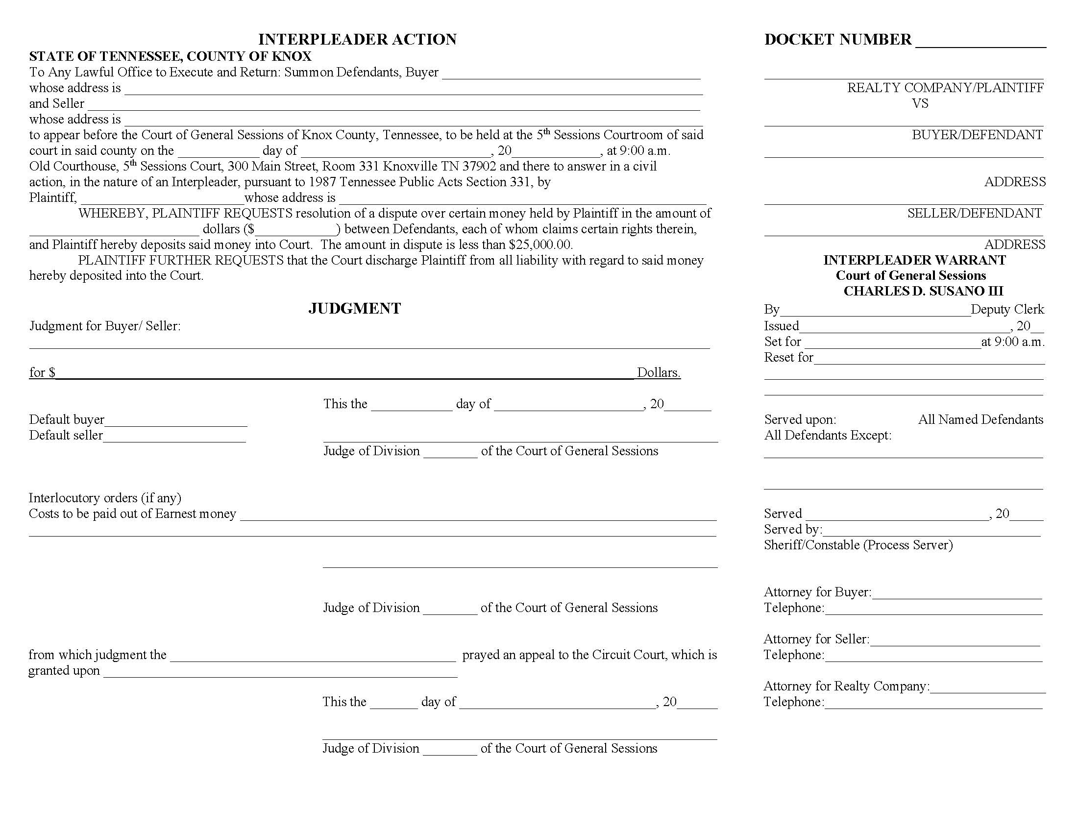 Interpleader Warrant | Pdf Fpdf Docx | Tennessee