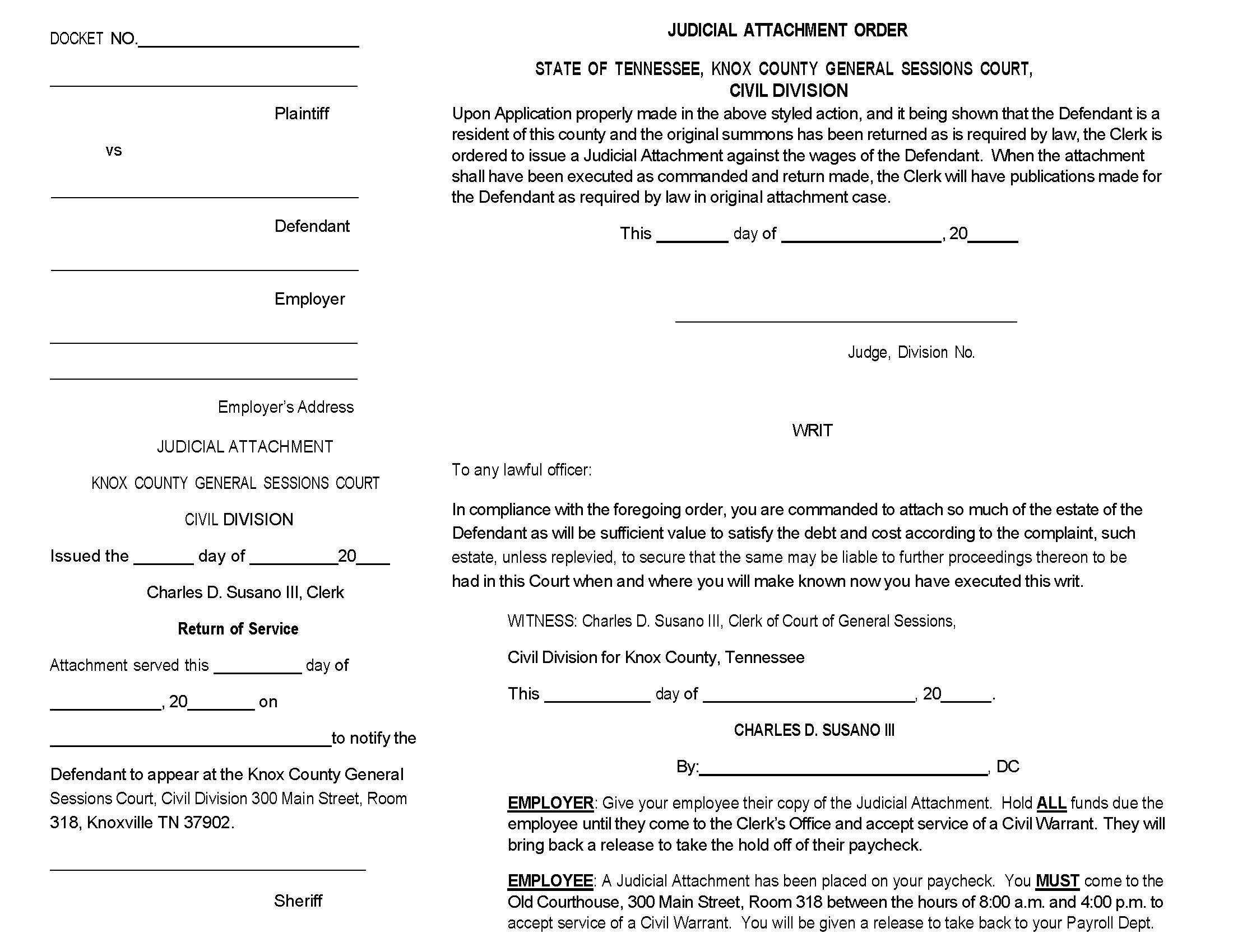 Judicial Attachment Order | Pdf Fpdf Docx | Tennessee