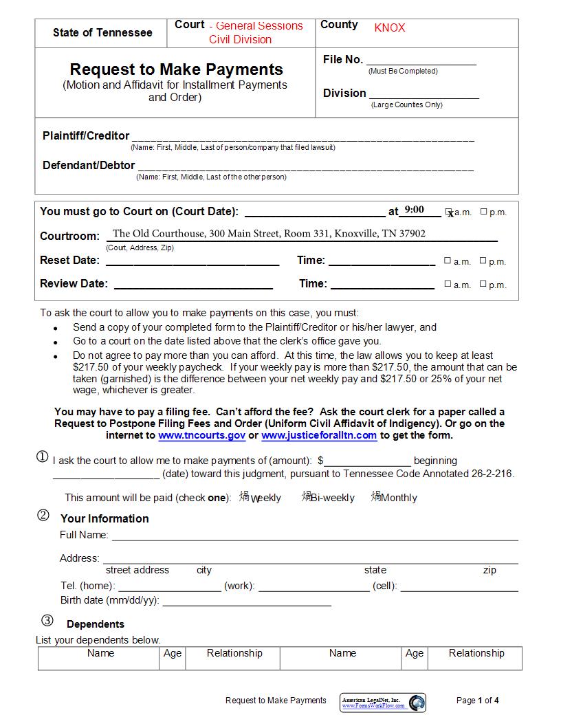 Motion For Installment Payments | Pdf Fpdf Docx | Tennessee