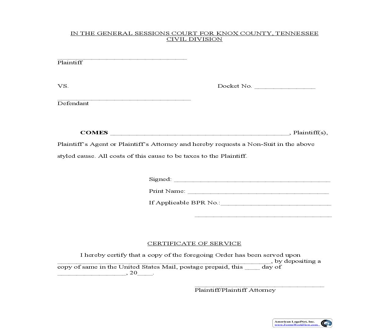 Nonsuit Form | Pdf Fpdf Doc Docx | Tennessee