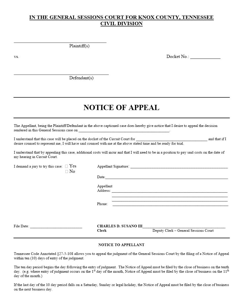 Notice Of Appeal And Bond Form | Pdf Fpdf Docx | Tennessee