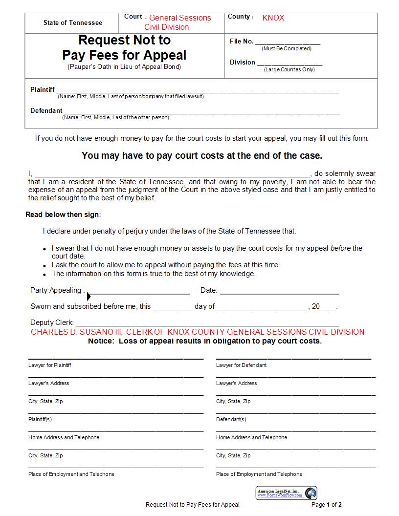 Request Not To Pay Fees For Appeal | Pdf Fpdf Docx | Tennessee