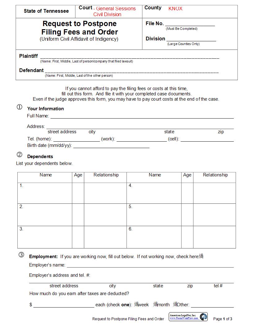 Request To Postpone Filing Fees And Order | Pdf Fpdf Docx | Tennessee