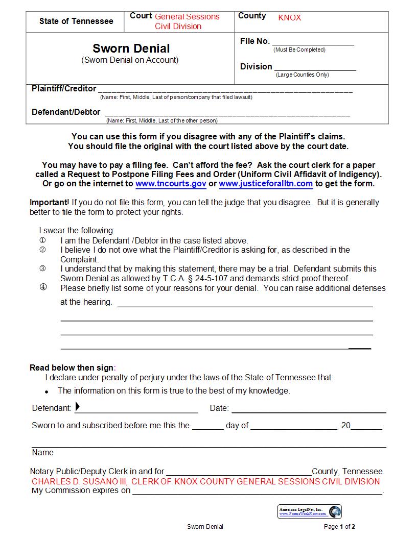 Sworn Denial | Pdf Fpdf Docx | Tennessee