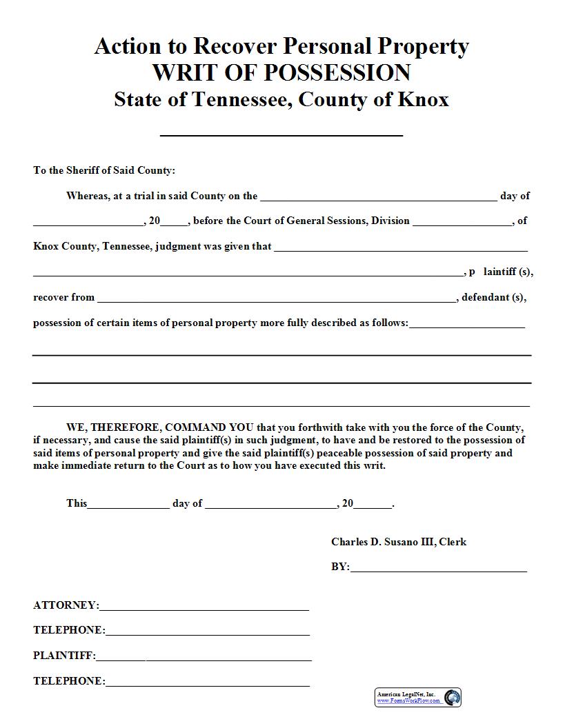 Writ Of Possession For Action To Recover Personal Property | Pdf Fpdf Docx | Tennessee