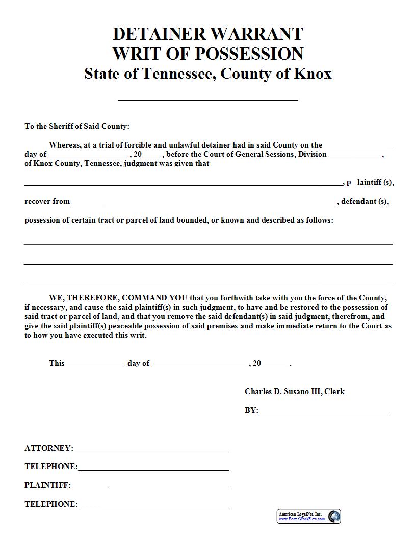 Writ Of Possession For Detainer Warrant | Pdf Fpdf Docx | Tennessee