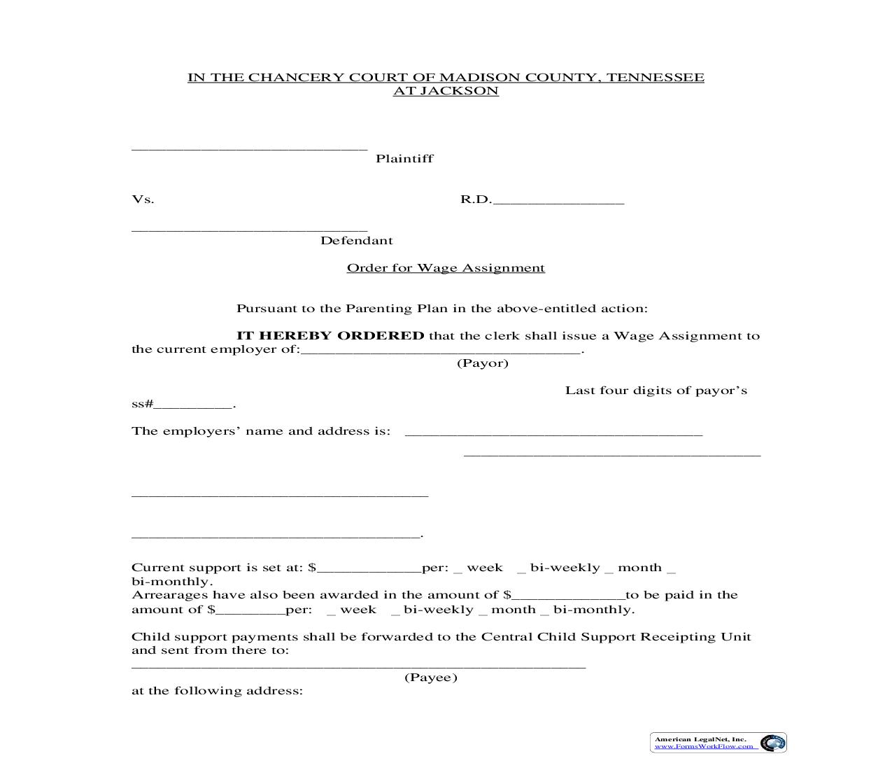 Wage Assignment Order | Pdf Fpdf Doc Docx | Tennessee