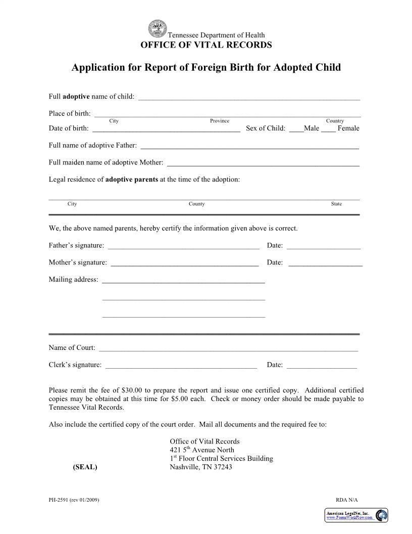 Application For Report Of Foreign Birth Of Adopted Child | Pdf Fpdf Docx | Tennessee