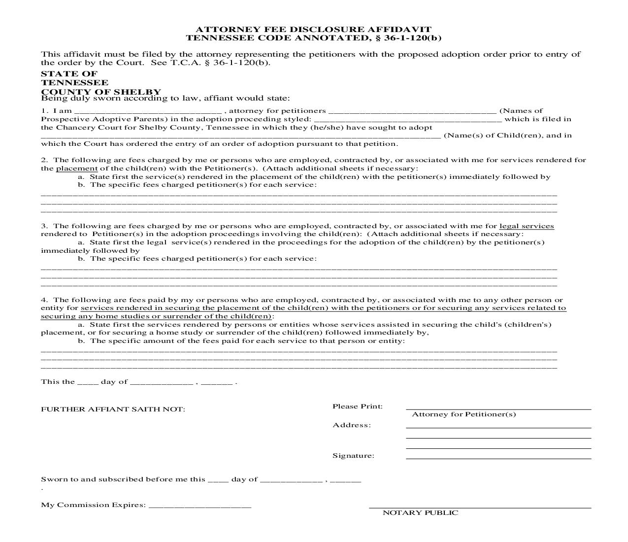 Attorney Fee Disclosure Affidavit | Pdf Fpdf Doc Docx | Tennessee