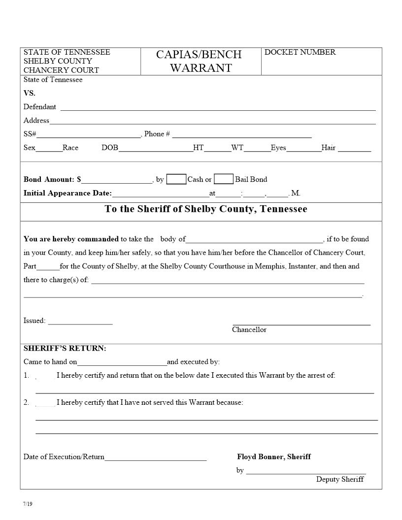 Capias Or Bench Warrant | Pdf Fpdf Doc Docx | Tennessee