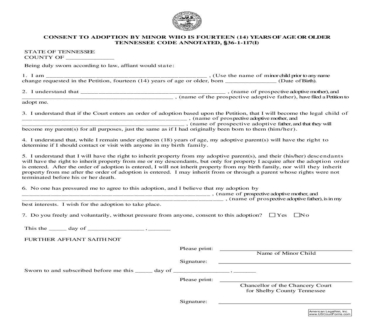 Consent To Adoption By Minor Who Is 14 Years Of Age Or Older - TCA Section 36-1-117(I) | Pdf Fpdf Doc Docx | Tennessee