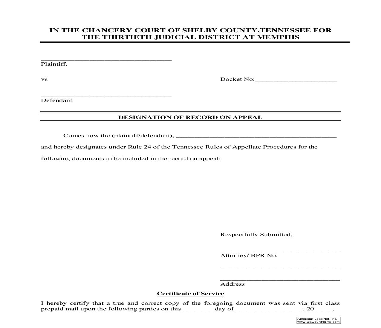 Designation Of Record On Appeal | Pdf Fpdf Doc Docx | Tennessee