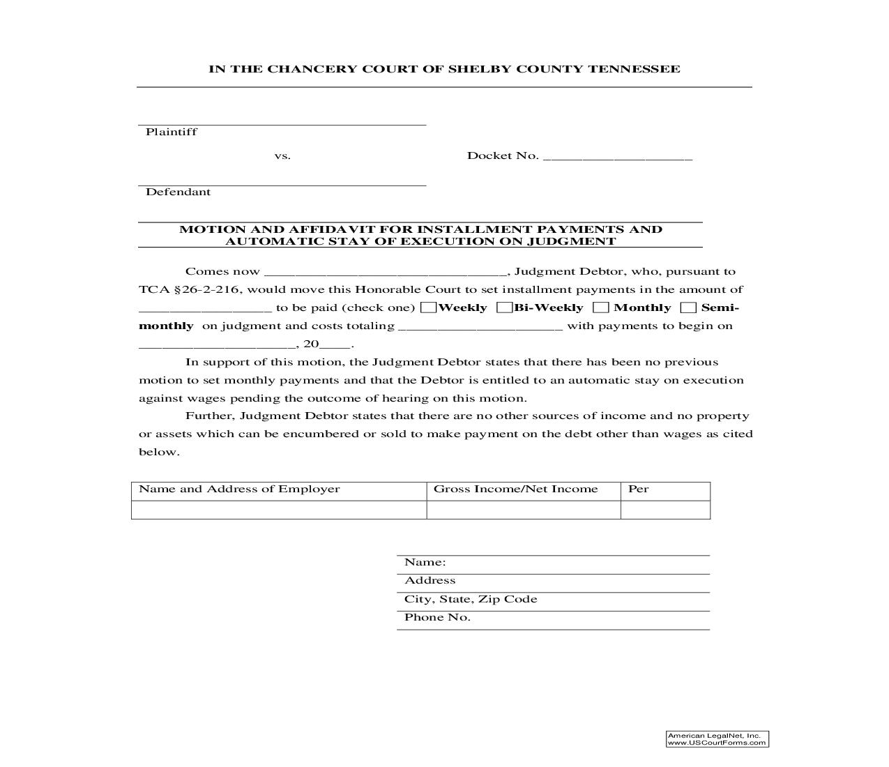 Motion And Affidavit For Installment Payments And Automatic Stay Of Execution On Judgment | Pdf Fpdf Doc Docx | Tennessee