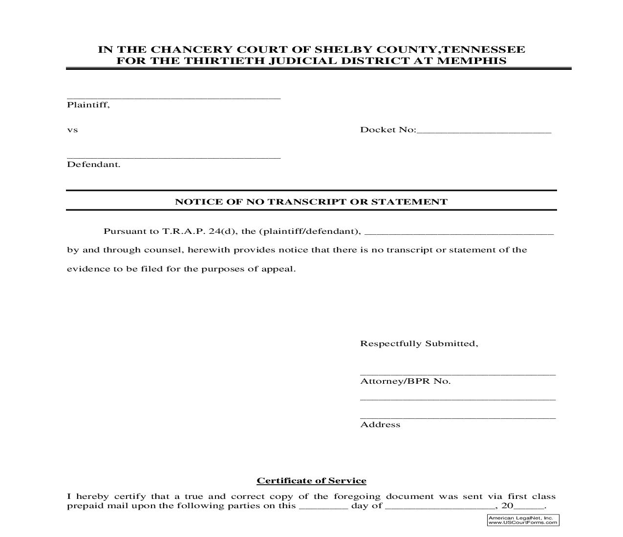 Notice Of No Transcript Or Statement Pursuant To TRAP 24(d) | Pdf Fpdf Doc Docx | Tennessee