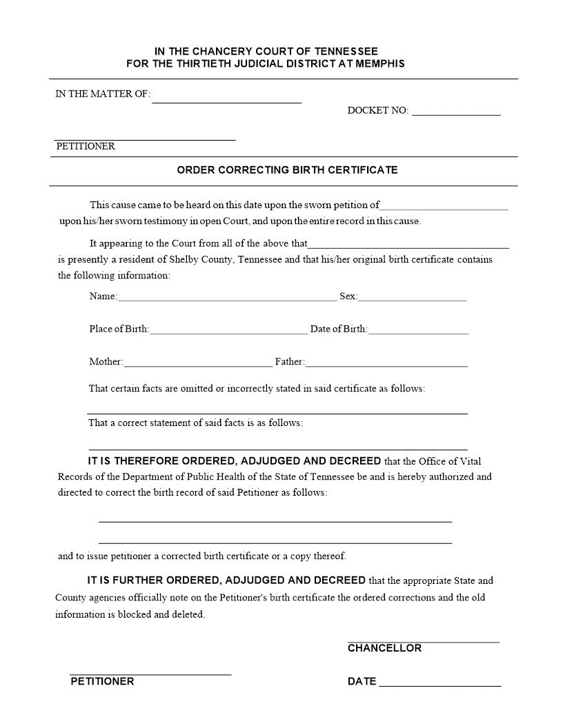 Order Correcting Birth Certificate | Pdf Fpdf Docx | Tennessee