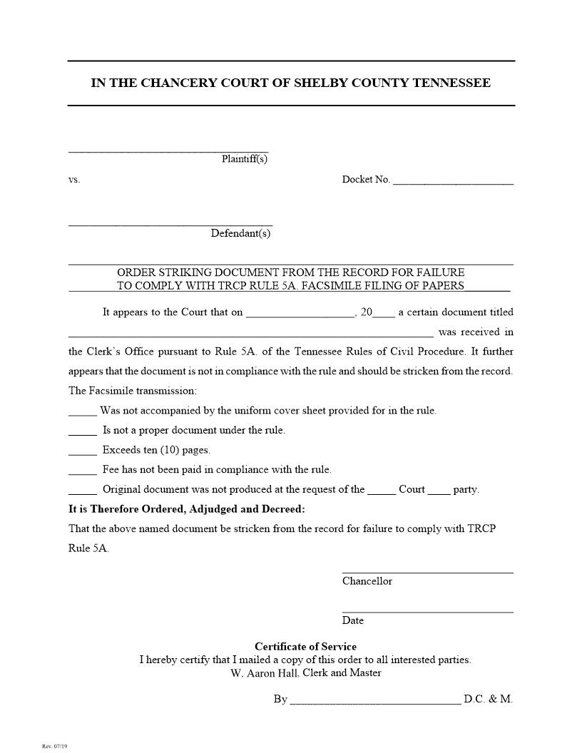 Order Striking Document From The Record For Failure To Comply With TRCP Rule 5A. Facsimile Filing Of Papers | Pdf Fpdf Doc Docx | Tennessee