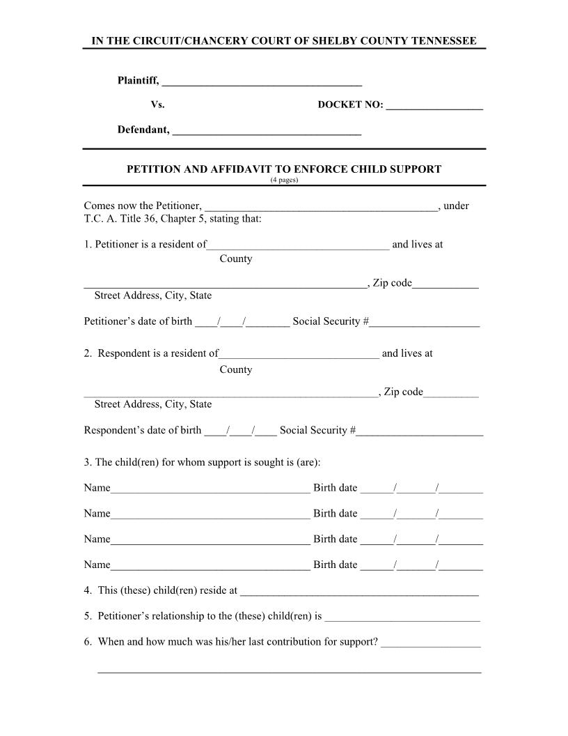 Petition And Affidavit To Enforce Child Support With Notices Of Hearings | Pdf Fpdf Doc Docx | Tennessee