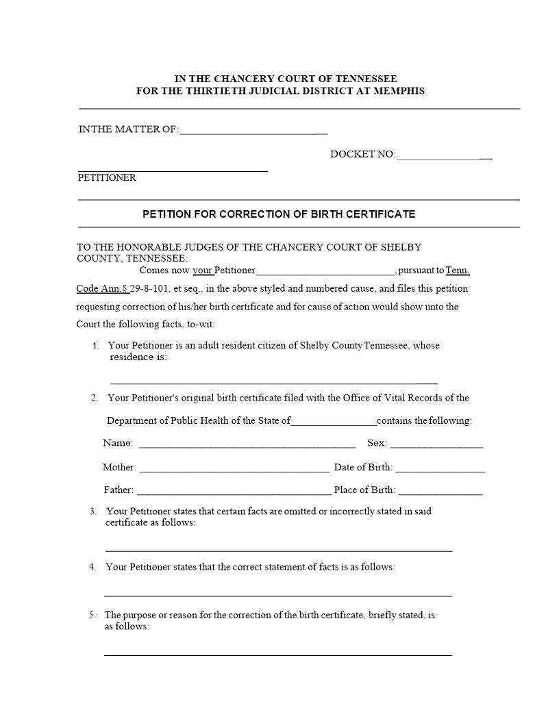 Petition For Correction Of Birth Certificate | Pdf Fpdf Docx | Tennessee