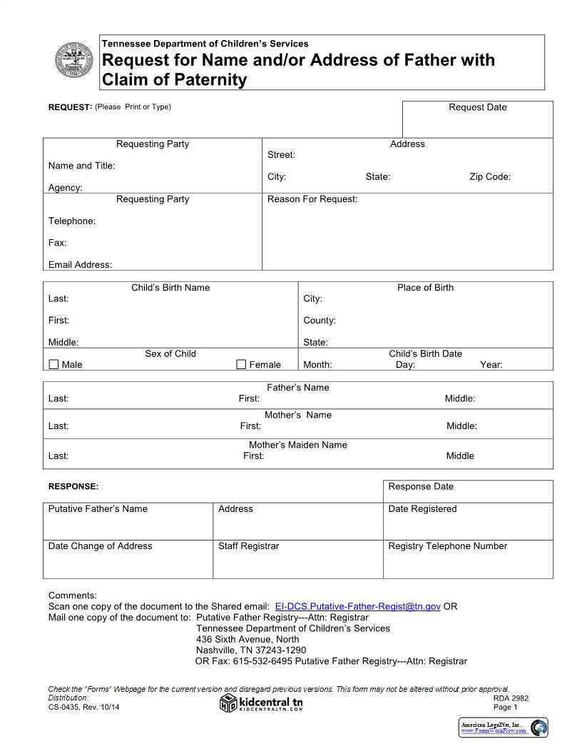 Request For Name And Or Address Of Father With Claim Of Paternity | Pdf Fpdf Docx | Tennessee