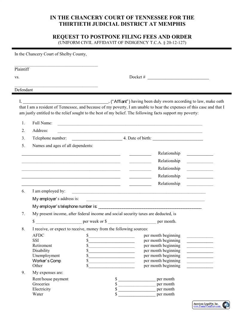 Request To Postpone Filing Fees And Order | Pdf Fpdf Docx | Tennessee