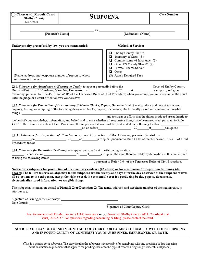 Subpoena | Pdf Fpdf Docx | Tennessee
