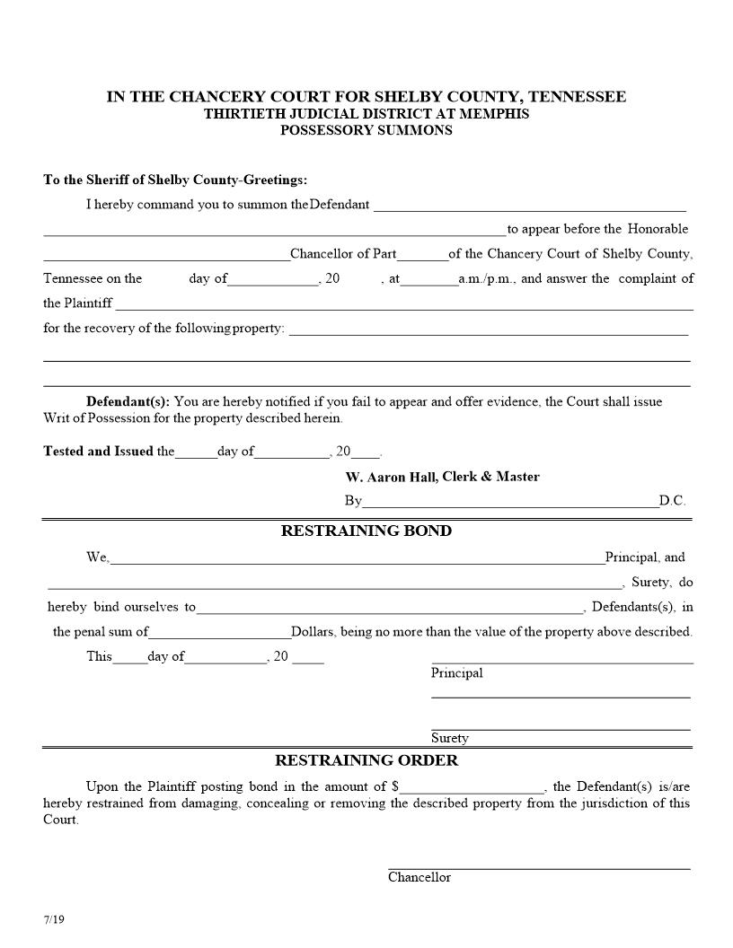 Summons For Possessory Hearing | Pdf Fpdf Doc Docx | Tennessee