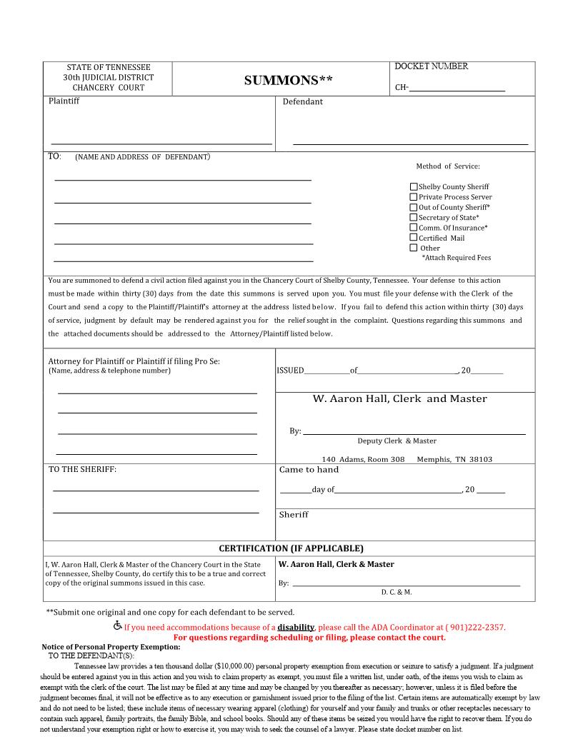 Summons | Pdf Fpdf Docx | Tennessee